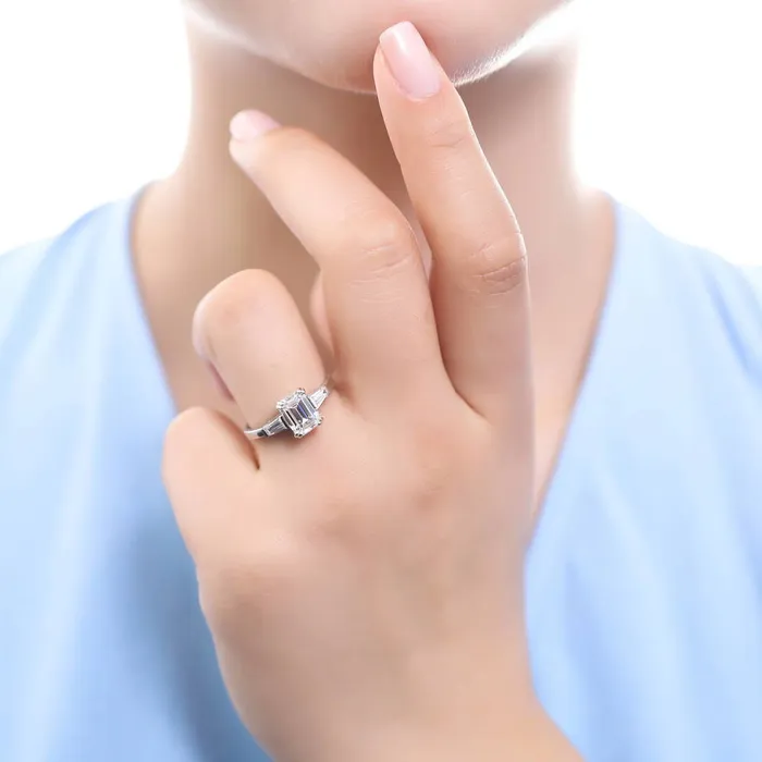BERRICLE 3Stone Flower 21ct Emerald Cut CZ Ring Set in Sterling Silver Rings