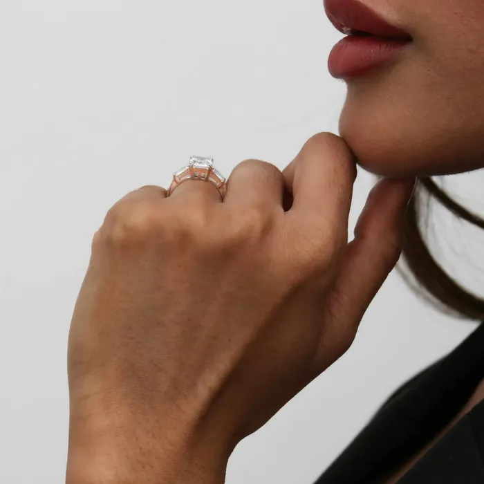BERRICLE 3Stone Flower 21ct Emerald Cut CZ Ring Set in Sterling Silver Rings