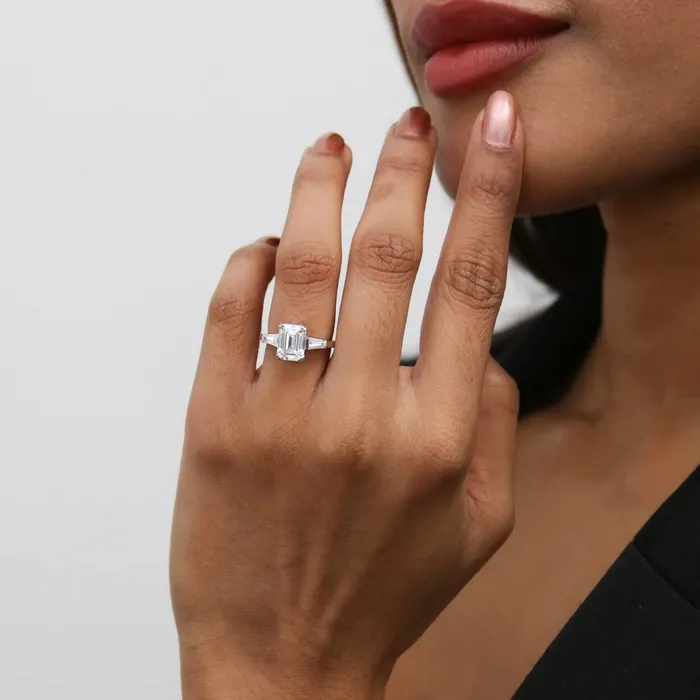 BERRICLE 3Stone Flower 21ct Emerald Cut CZ Ring Set in Sterling Silver Rings