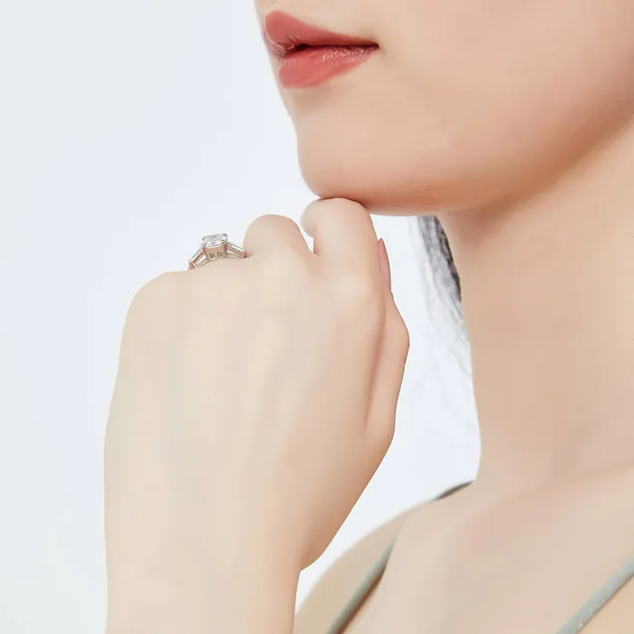 BERRICLE 3Stone Flower 21ct Emerald Cut CZ Ring Set in Sterling Silver Rings