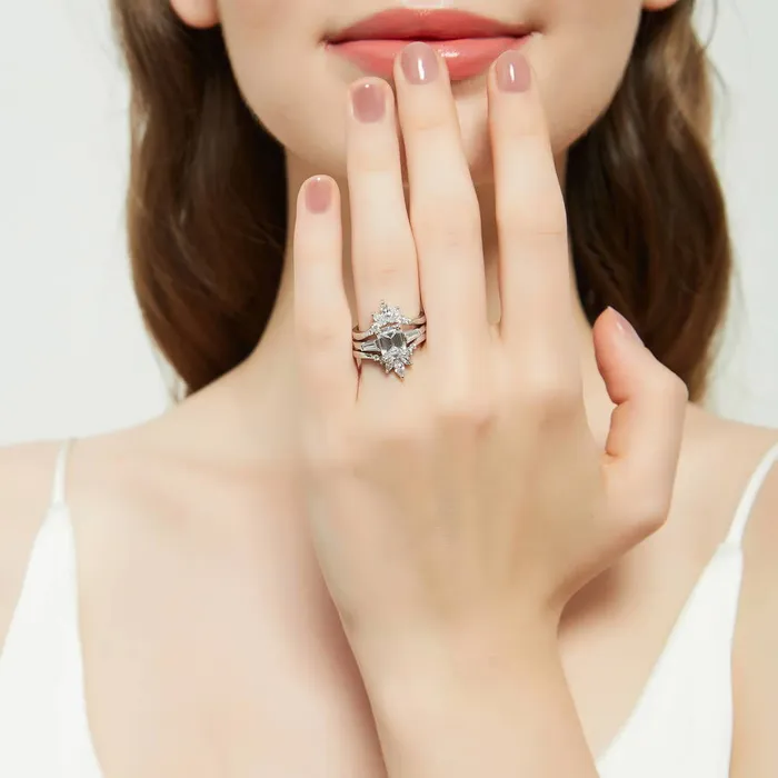 BERRICLE 3Stone Flower 21ct Emerald Cut CZ Ring Set in Sterling Silver Rings