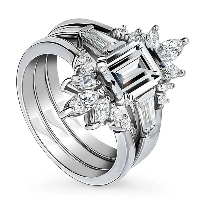 BERRICLE 3Stone Flower 21ct Emerald Cut CZ Ring Set in Sterling Silver Rings