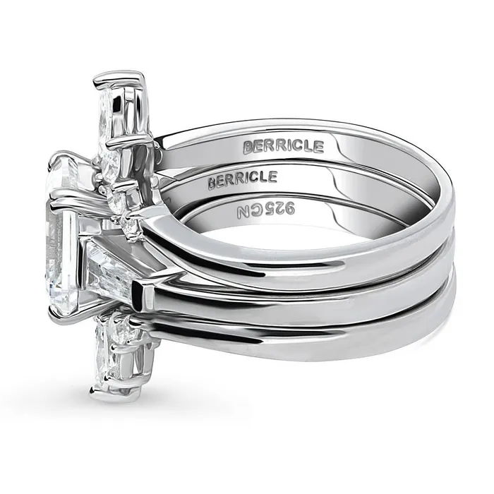 BERRICLE 3Stone Flower 21ct Emerald Cut CZ Ring Set in Sterling Silver Rings