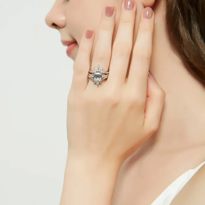 BERRICLE 3Stone Flower 21ct Emerald Cut CZ Ring Set in Sterling Silver Rings