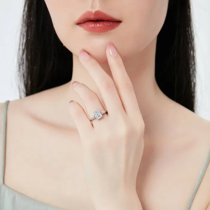 BERRICLE 3Stone Flower 21ct Emerald Cut CZ Ring Set in Sterling Silver Rings