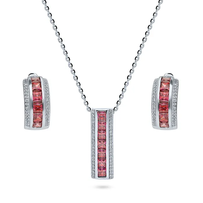 BERRICLE Earrings Bar Dome Red CZ Necklace and Earrings in Sterling Silver