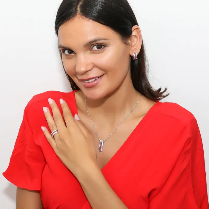 BERRICLE Earrings Bar Dome Red CZ Necklace and Earrings in Sterling Silver