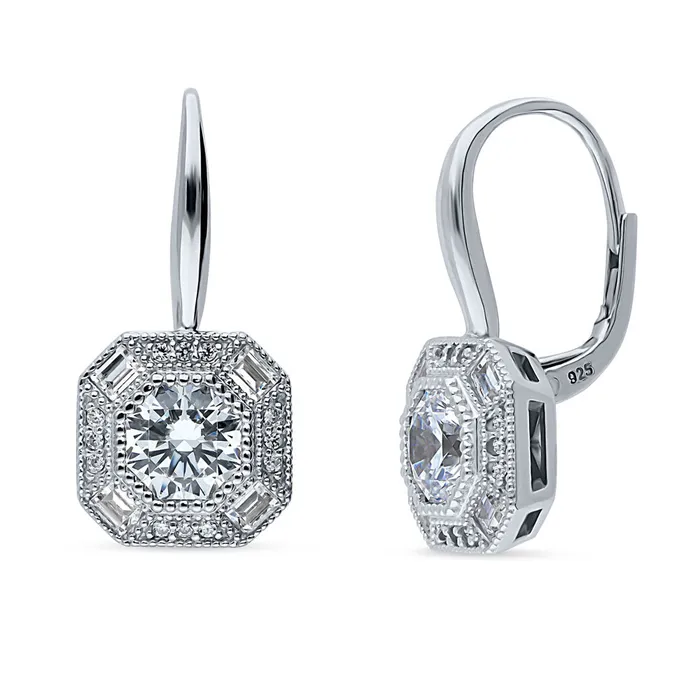 BERRICLE Earrings Halo Art Deco CZ Leverback Earrings in Sterling Silver