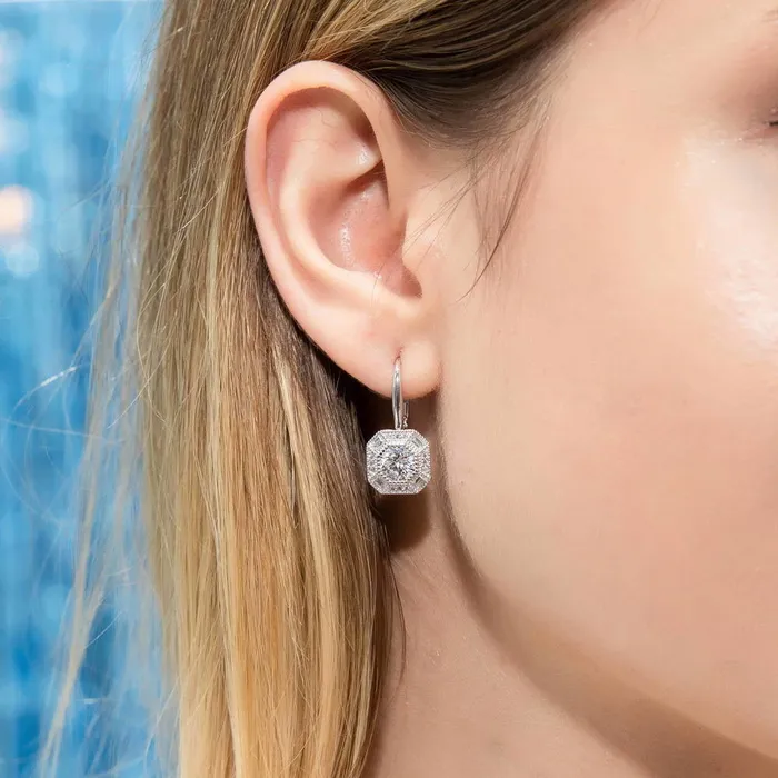BERRICLE Earrings Halo Art Deco CZ Leverback Earrings in Sterling Silver