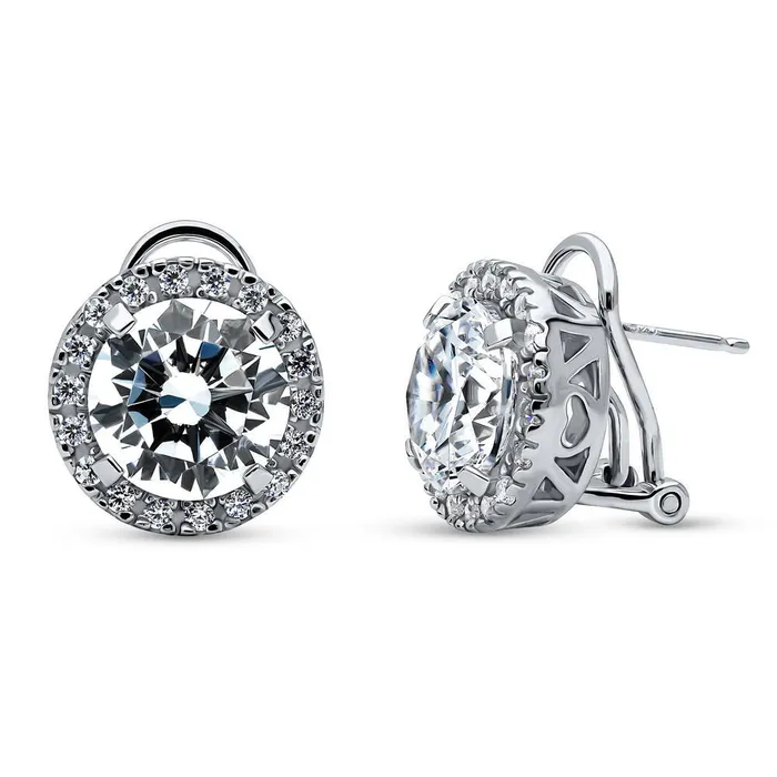BERRICLE Earrings Halo CZ Omega Back Stud Earrings in Sterling Silver