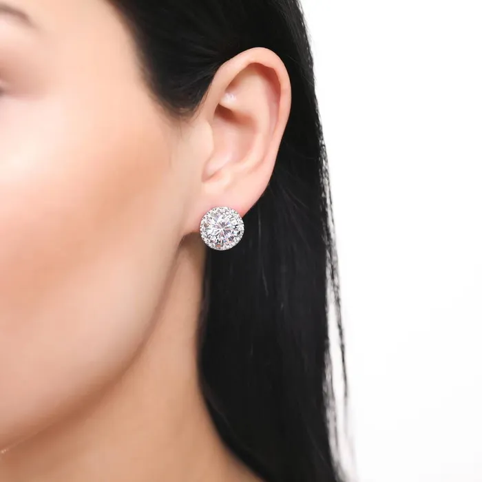 BERRICLE Earrings Halo CZ Omega Back Stud Earrings in Sterling Silver