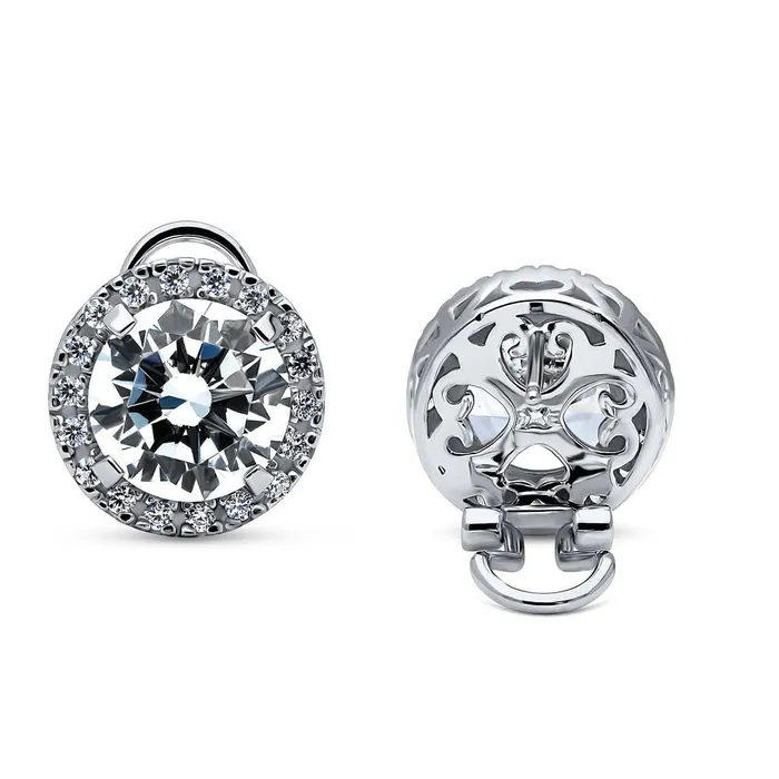 BERRICLE Earrings Halo CZ Omega Back Stud Earrings in Sterling Silver