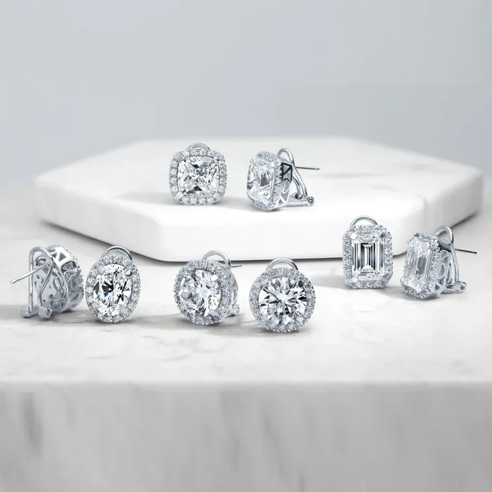 BERRICLE Earrings Halo CZ Omega Back Stud Earrings in Sterling Silver