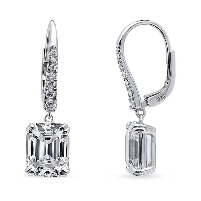 BERRICLE Earrings Solitaire Emerald Cut CZ Leverback Earrings in Sterling Silver