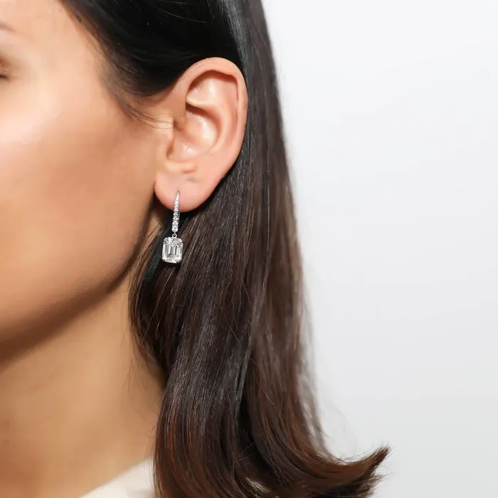 BERRICLE Earrings Solitaire Emerald Cut CZ Leverback Earrings in Sterling Silver