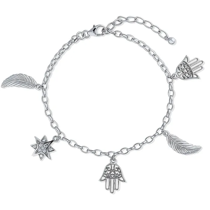 BERRICLE Hamsa Hand Feather CZ Charm Bracelet in Sterling Silver Bracelets