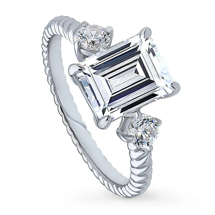 BERRICLE Rings 3Stone Woven 26ct Emerald Cut CZ Ring in Sterling Silver