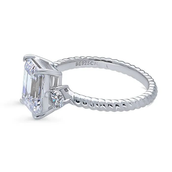 BERRICLE Rings 3Stone Woven 26ct Emerald Cut CZ Ring in Sterling Silver