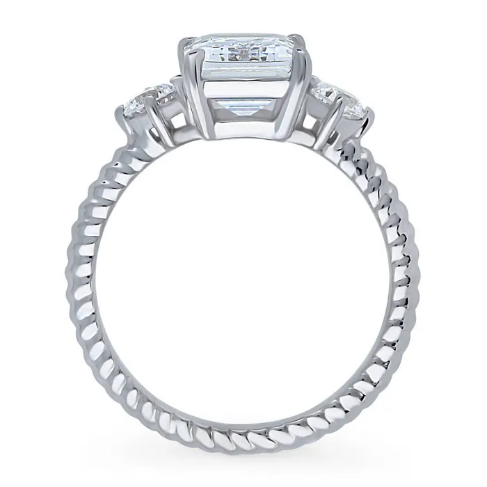 BERRICLE Rings 3Stone Woven 26ct Emerald Cut CZ Ring in Sterling Silver