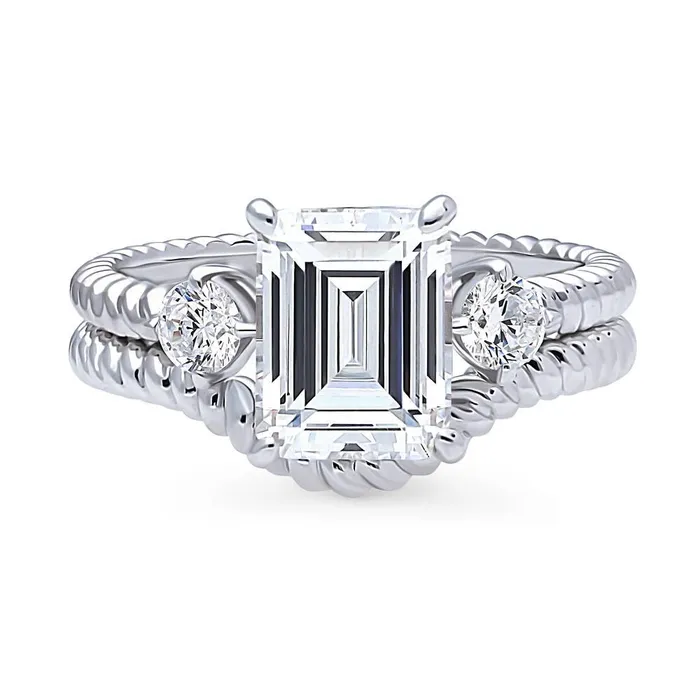 BERRICLE Rings 3Stone Woven 26ct Emerald Cut CZ Ring Set in Sterling Silver