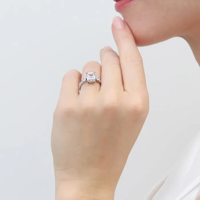 BERRICLE Rings 3Stone Woven 26ct Emerald Cut CZ Ring Set in Sterling Silver