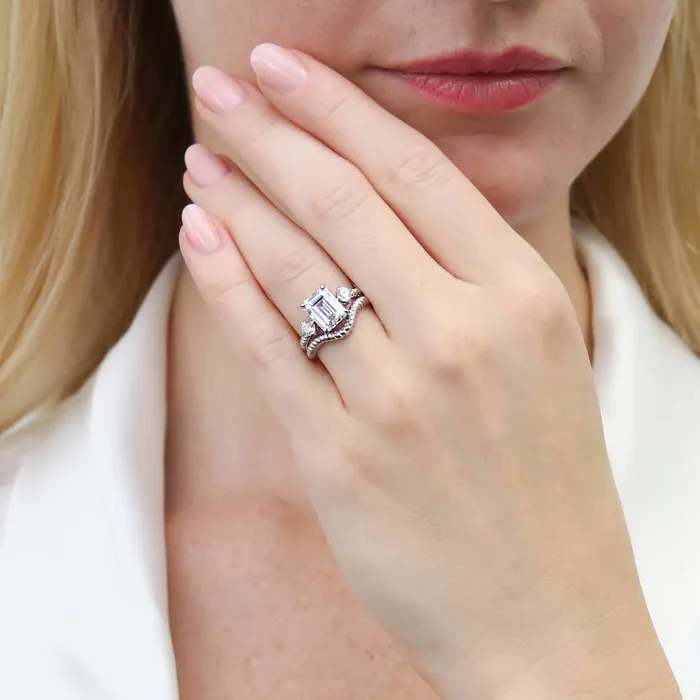 BERRICLE Rings 3Stone Woven 26ct Emerald Cut CZ Ring Set in Sterling Silver