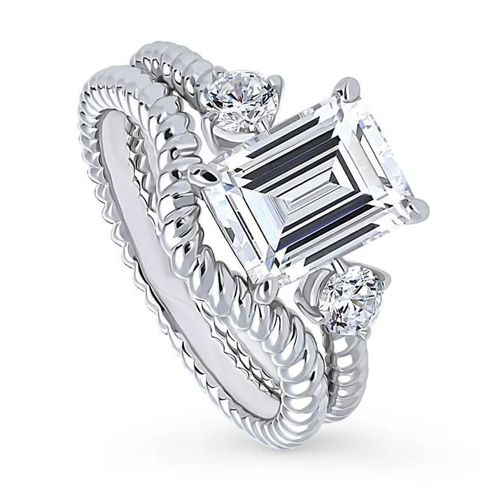 BERRICLE Rings 3Stone Woven 26ct Emerald Cut CZ Ring Set in Sterling Silver