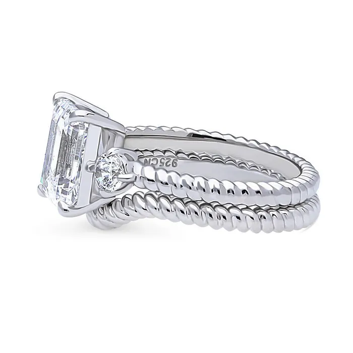 BERRICLE Rings 3Stone Woven 26ct Emerald Cut CZ Ring Set in Sterling Silver