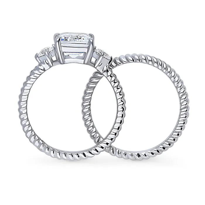 BERRICLE Rings 3Stone Woven 26ct Emerald Cut CZ Ring Set in Sterling Silver