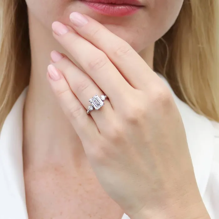 BERRICLE Rings 3Stone Woven 26ct Emerald Cut CZ Ring Set in Sterling Silver