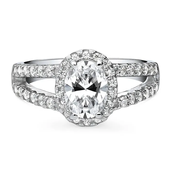 BERRICLE Rings Halo Oval CZ Split Shank Ring in Sterling Silver