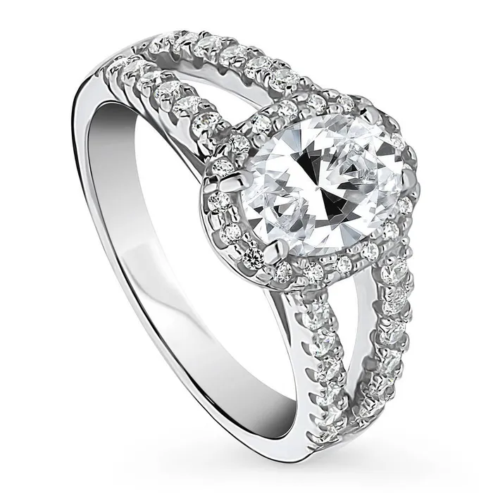 BERRICLE Rings Halo Oval CZ Split Shank Ring in Sterling Silver