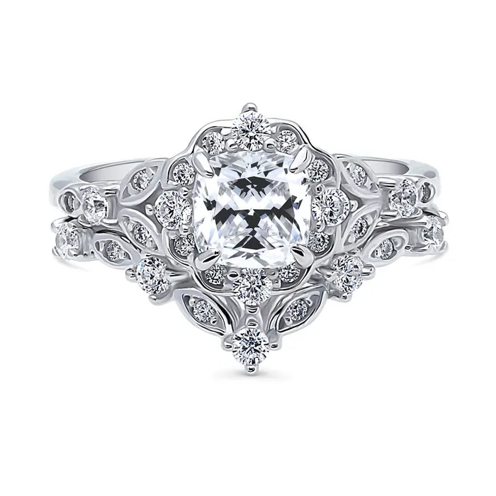 BERRICLE Rings Halo Wishbone Cushion CZ Ring Set in Sterling Silver