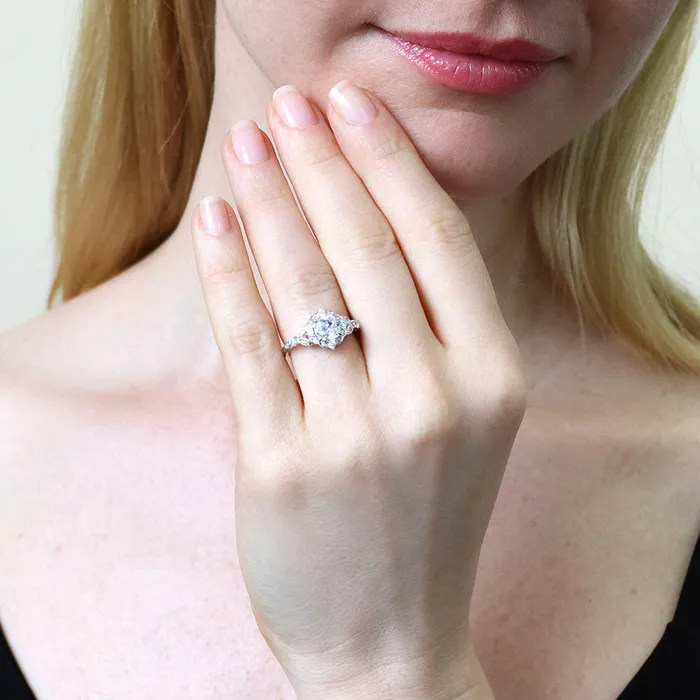 BERRICLE Rings Halo Wishbone Cushion CZ Ring Set in Sterling Silver