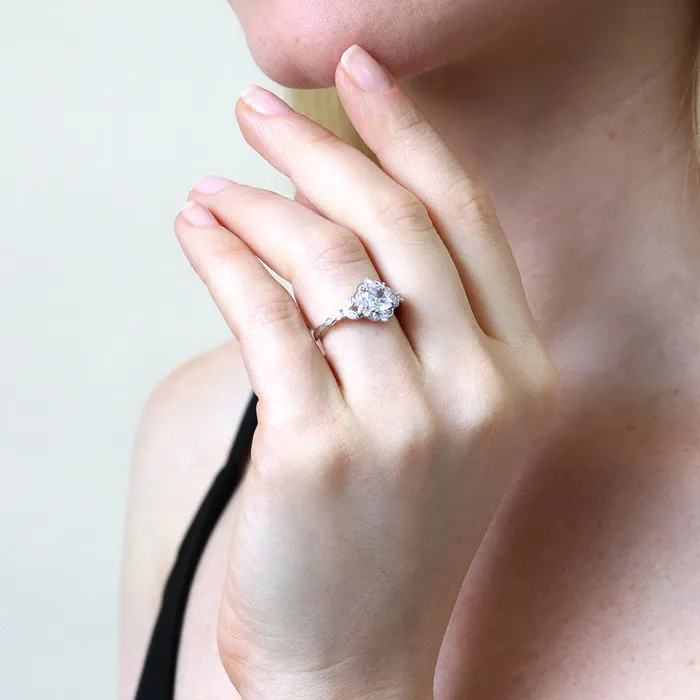 BERRICLE Rings Halo Wishbone Cushion CZ Ring Set in Sterling Silver
