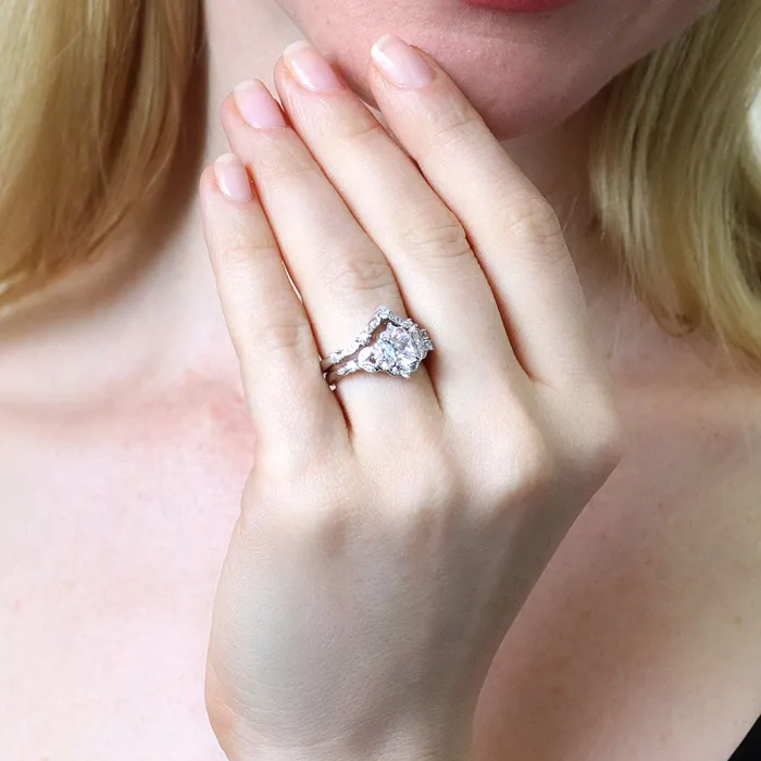 BERRICLE Rings Halo Wishbone Cushion CZ Ring Set in Sterling Silver