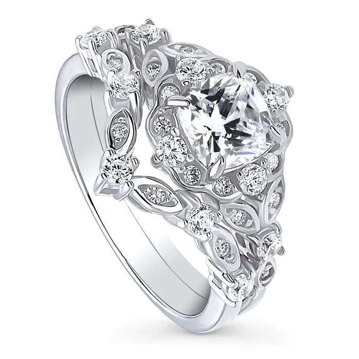 BERRICLE Rings Halo Wishbone Cushion CZ Ring Set in Sterling Silver