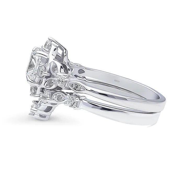 BERRICLE Rings Halo Wishbone Cushion CZ Ring Set in Sterling Silver