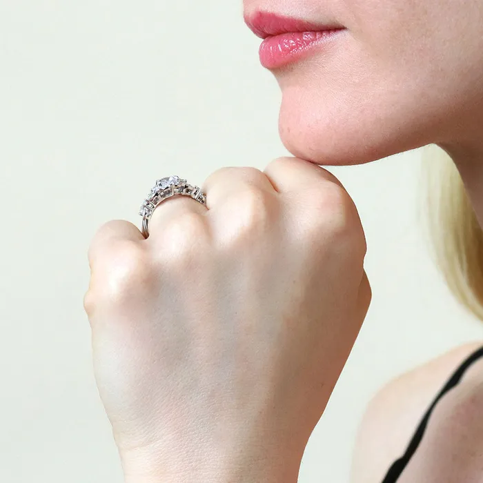 BERRICLE Rings Halo Wishbone Cushion CZ Ring Set in Sterling Silver