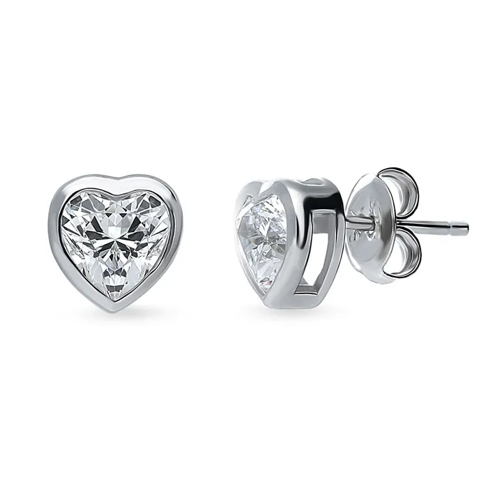 BERRICLE Solitaire Bezel Heart CZ Stud Earrings in Sterling Silver 14ct Earrings BERRICLE Solitaire Bezel Heart CZ Stud Earrings in Sterling Silver 14ct Earrings