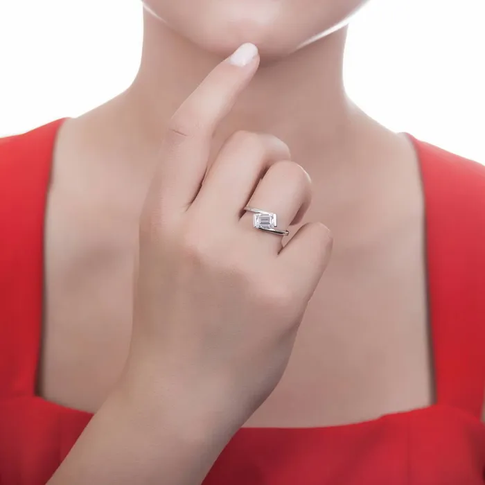 BERRICLE Solitaire Bypass 17ct Emerald Cut CZ Ring in Sterling Silver Rings