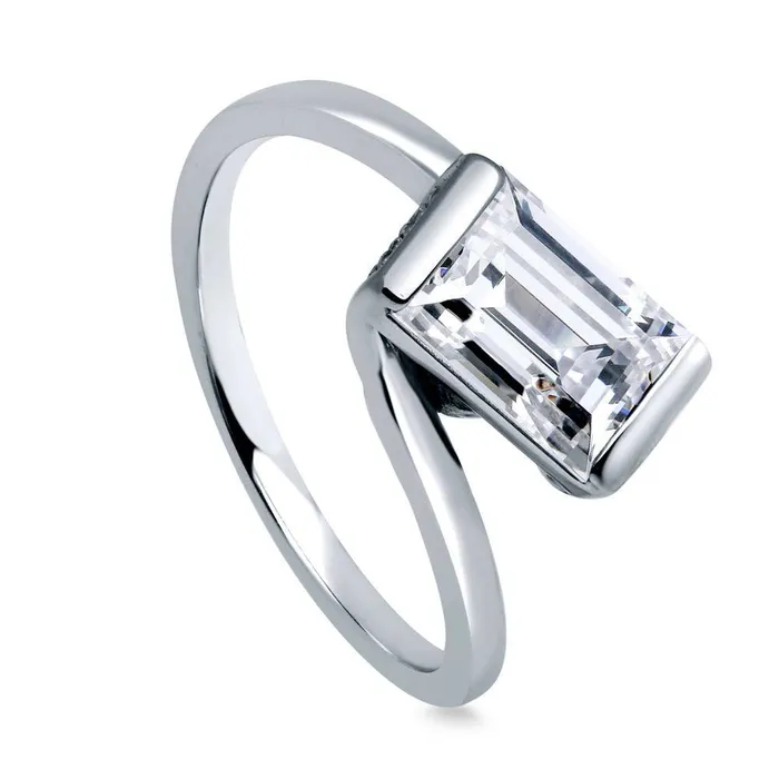 BERRICLE Solitaire Bypass 17ct Emerald Cut CZ Ring in Sterling Silver Rings