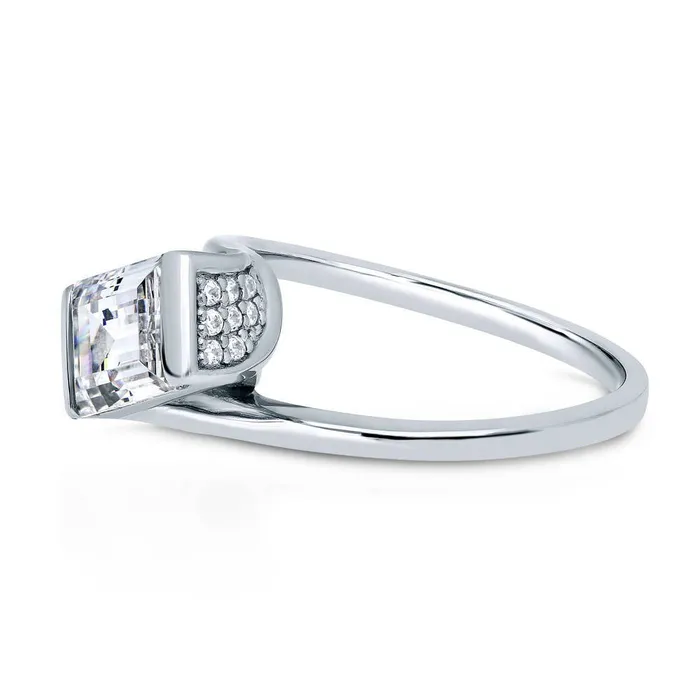 BERRICLE Solitaire Bypass 17ct Emerald Cut CZ Ring in Sterling Silver Rings