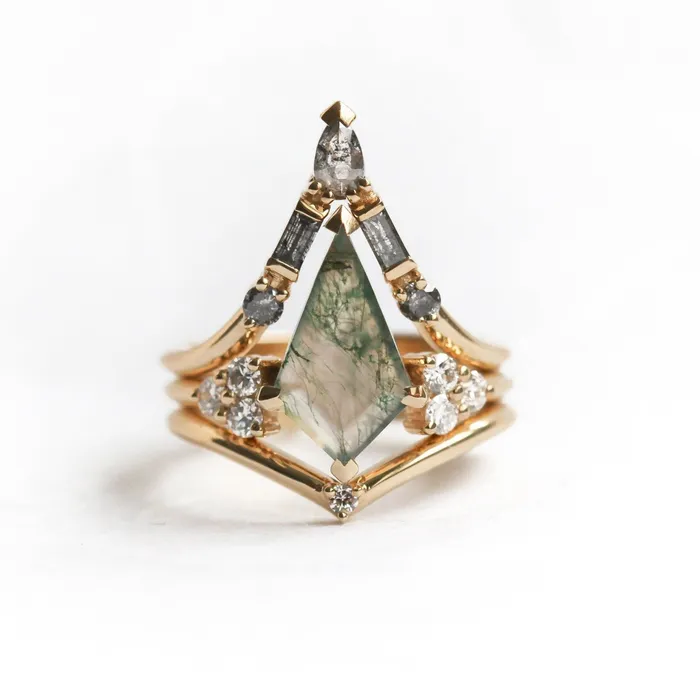 Capucinne Rings Ella Moss Agate and Diamond Three Ring Set