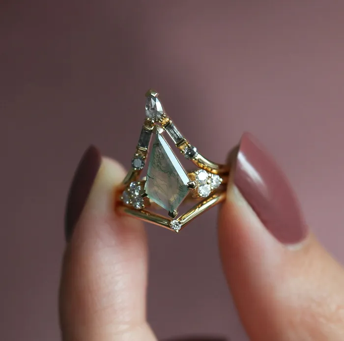 Capucinne Rings Ella Moss Agate and Diamond Three Ring Set