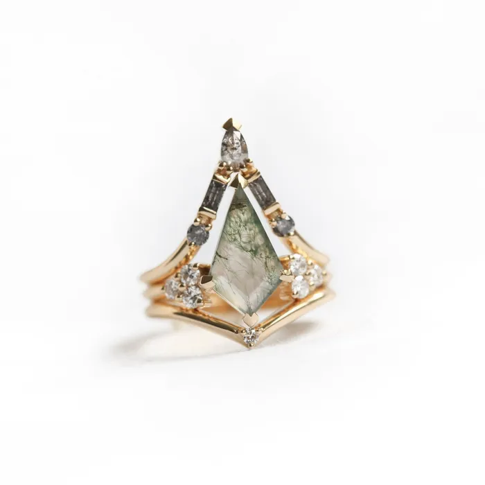 Capucinne Rings Ella Moss Agate and Diamond Three Ring Set