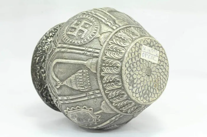 Dropshipped via Social Commerce Network Rings PH Artistic Antique Handcrafted Silver Urn Pot Engraved Jainism Symbol Decorative