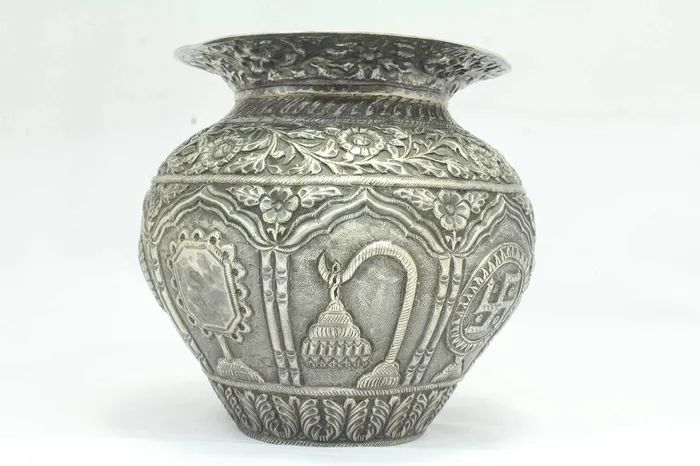 Dropshipped via Social Commerce Network Rings PH Artistic Antique Handcrafted Silver Urn Pot Engraved Jainism Symbol Decorative