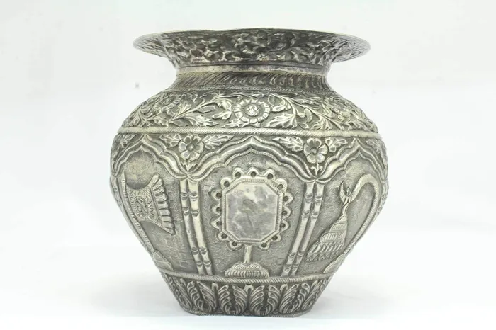 Dropshipped via Social Commerce Network Rings PH Artistic Antique Handcrafted Silver Urn Pot Engraved Jainism Symbol Decorative