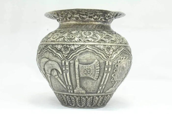 Dropshipped via Social Commerce Network Rings PH Artistic Antique Handcrafted Silver Urn Pot Engraved Jainism Symbol Decorative